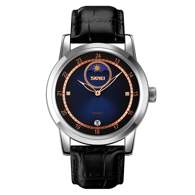 SKMEI 9300 Luxury Quartz Analog Moon Phase Leather Strap Men's Watch ...